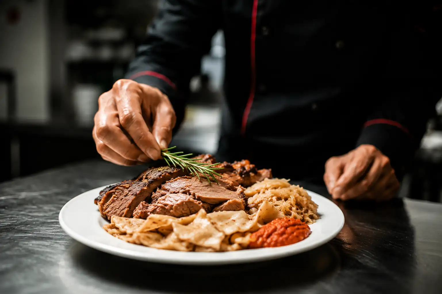 Pečena svinjetina s mlincima — klasično jelo kontinentalne hrvatske kuhinje, restoran Buffet Zrinski